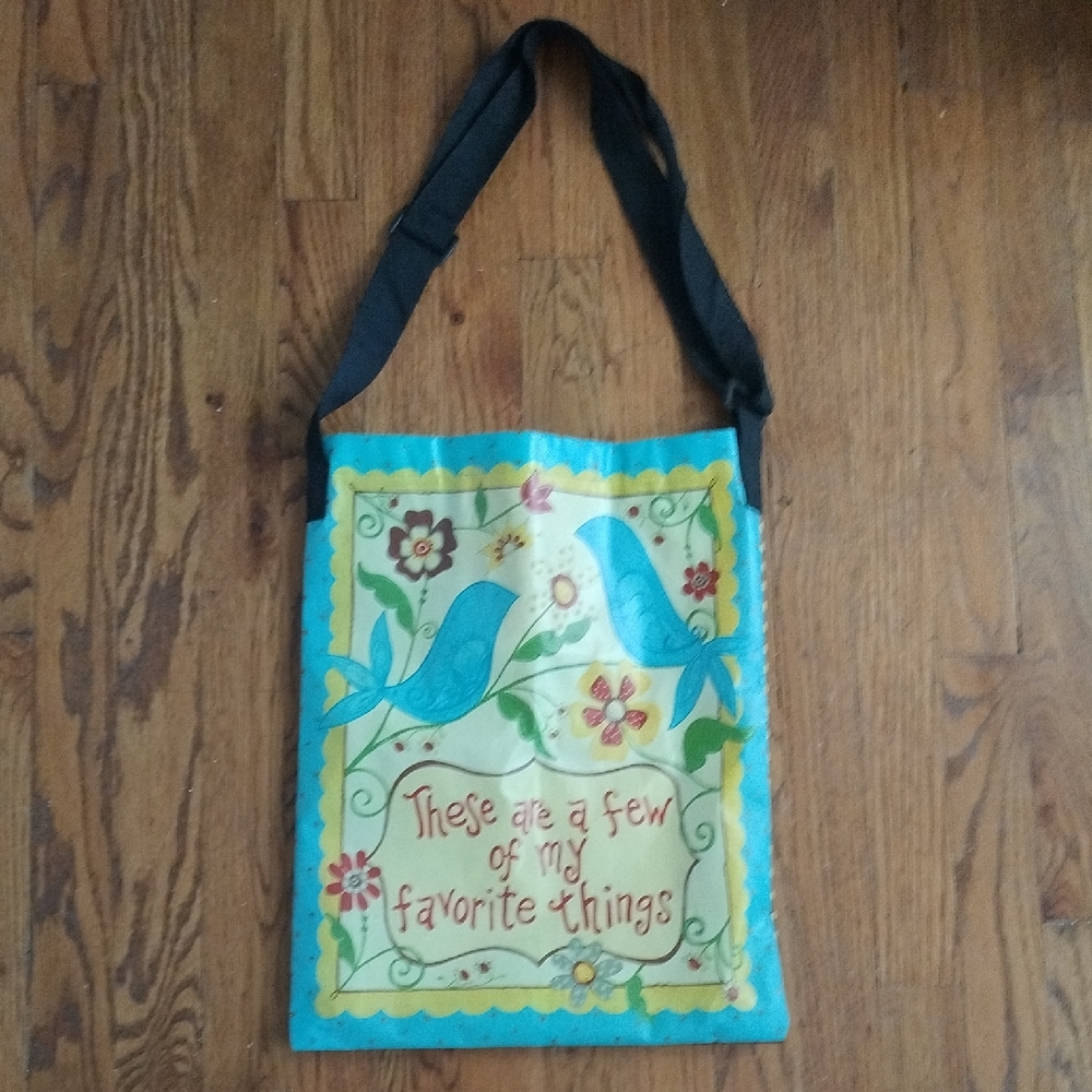 Plastic Canvas Decorative Print Crossbody Tote in Aqua and Yellow